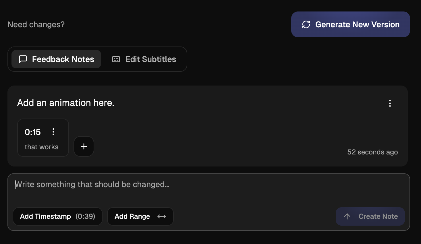 ClipDone editing interface with text-based feedback notes